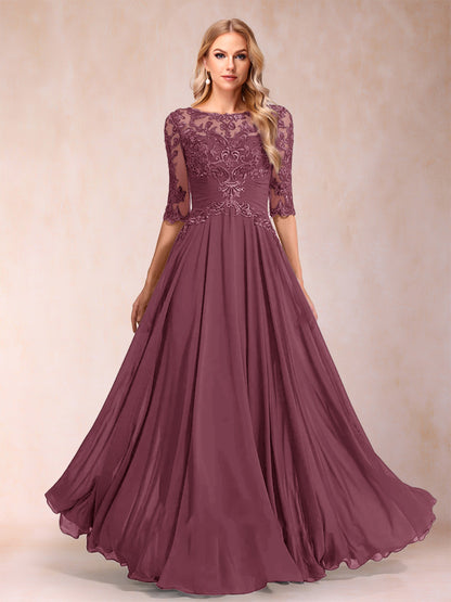 Robe de Mère de la Mariée Coupe A-Line/Princess Longueur Au Sol Manches Mi-Longues Décolleté Plongeant