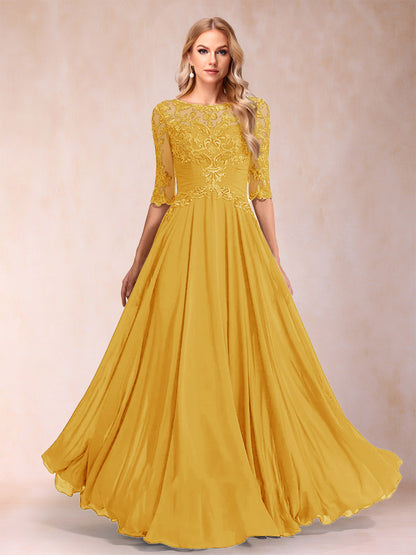 Robe de Mère de la Mariée Coupe A-Line/Princess Longueur Au Sol Manches Mi-Longues Décolleté Plongeant