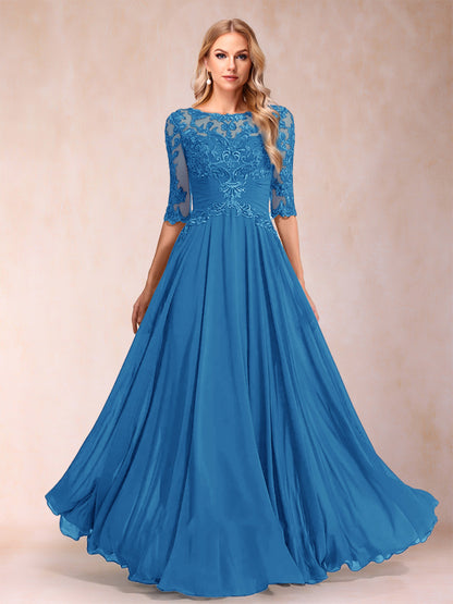 Robe de Mère de la Mariée Coupe A-Line/Princess Longueur Au Sol Manches Mi-Longues Décolleté Plongeant