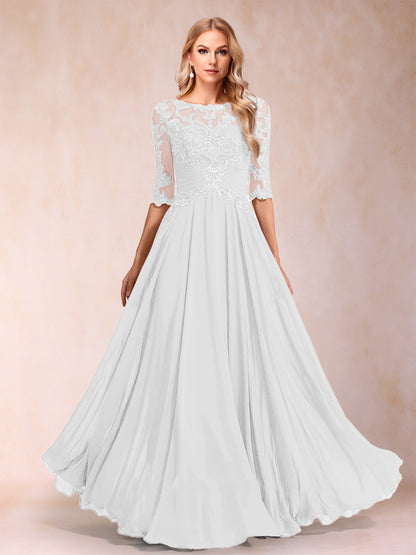 Robe de Mère de la Mariée Coupe A-Line/Princess Longueur Au Sol Manches Mi-Longues Décolleté Plongeant