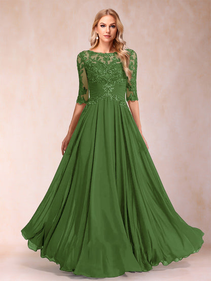 Robe de Mère de la Mariée Coupe A-Line/Princess Longueur Au Sol Manches Mi-Longues Décolleté Plongeant