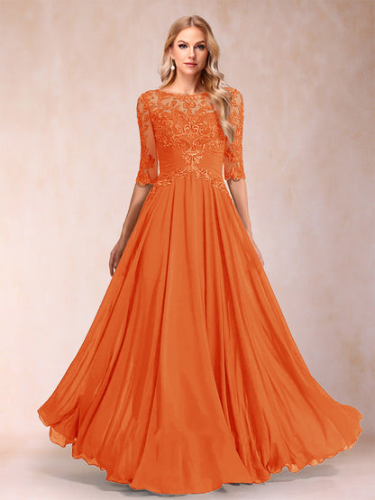 Robe de Mère de la Mariée Coupe A-Line/Princess Longueur Au Sol Manches Mi-Longues Décolleté Plongeant