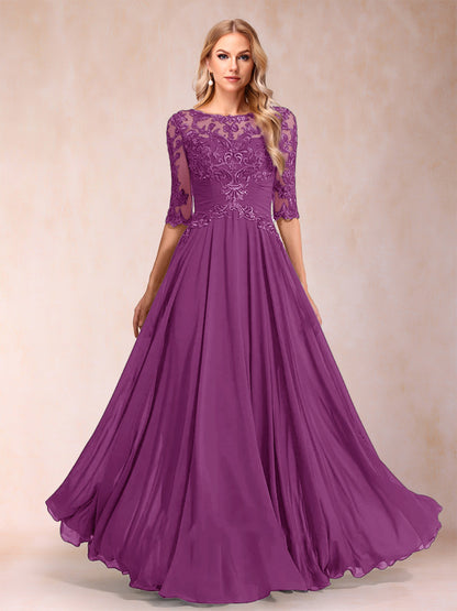 Robe de Mère de la Mariée Coupe A-Line/Princess Longueur Au Sol Manches Mi-Longues Décolleté Plongeant