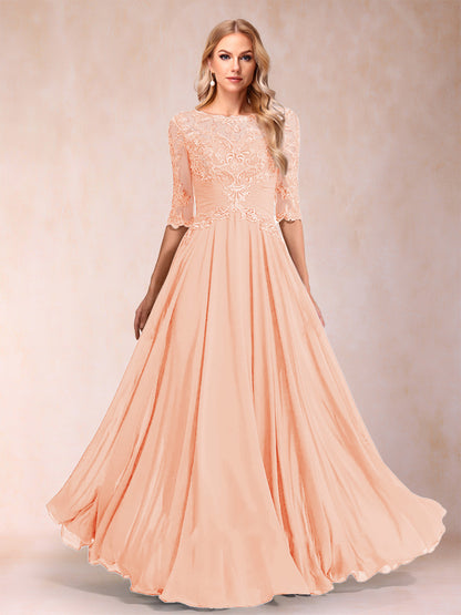 Robe de Mère de la Mariée Coupe A-Line/Princess Longueur Au Sol Manches Mi-Longues Décolleté Plongeant