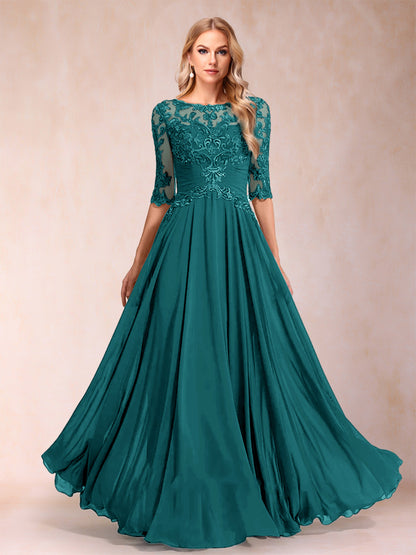 Robe de Mère de la Mariée Coupe A-Line/Princess Longueur Au Sol Manches Mi-Longues Décolleté Plongeant