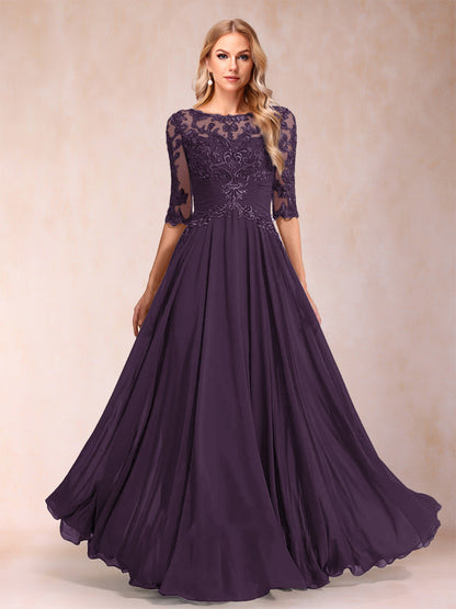 Robe de Mère de la Mariée Coupe A-Line/Princess Longueur Au Sol Manches Mi-Longues Décolleté Plongeant