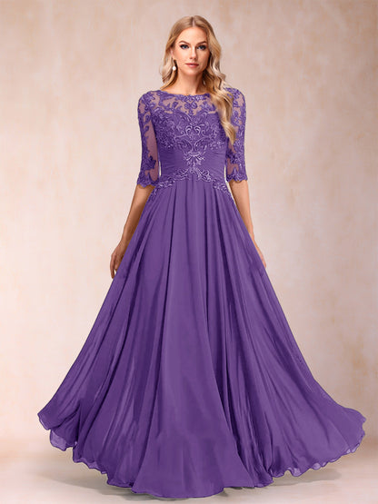 Robe de Mère de la Mariée Coupe A-Line/Princess Longueur Au Sol Manches Mi-Longues Décolleté Plongeant