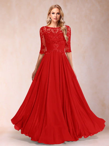 Robe de Mère de la Mariée Coupe A-Line/Princess Longueur Au Sol Manches Mi-Longues Décolleté Plongeant