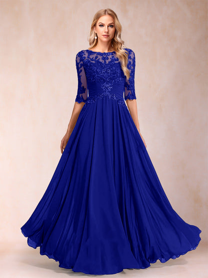 Robe de Mère de la Mariée Coupe A-Line/Princess Longueur Au Sol Manches Mi-Longues Décolleté Plongeant