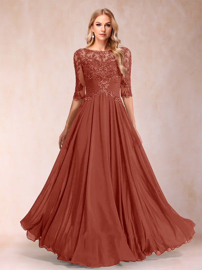 Robe de Mère de la Mariée Coupe A-Line/Princess Longueur Au Sol Manches Mi-Longues Décolleté Plongeant