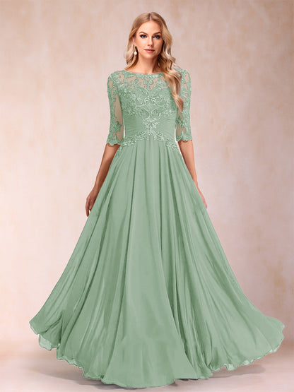 Robe de Mère de la Mariée Coupe A-Line/Princess Longueur Au Sol Manches Mi-Longues Décolleté Plongeant