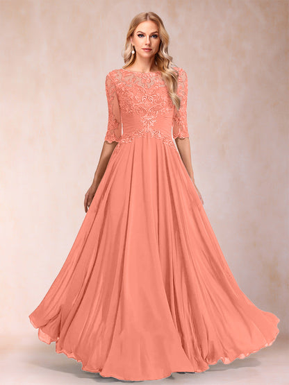 Robe de Mère de la Mariée Coupe A-Line/Princess Longueur Au Sol Manches Mi-Longues Décolleté Plongeant