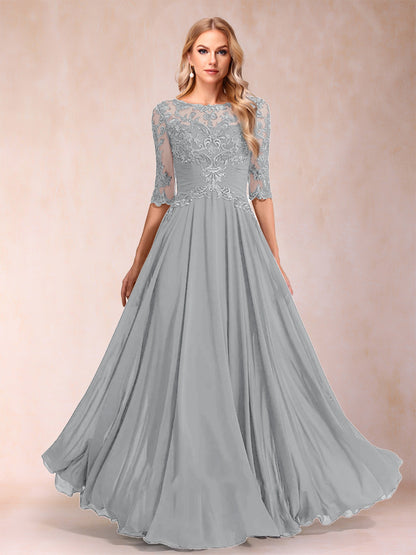 Robe de Mère de la Mariée Coupe A-Line/Princess Longueur Au Sol Manches Mi-Longues Décolleté Plongeant