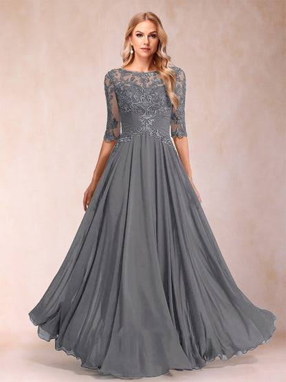 Robe de Mère de la Mariée Coupe A-Line/Princess Longueur Au Sol Manches Mi-Longues Décolleté Plongeant