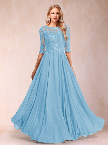 Robe de Mère de la Mariée Coupe A-Line/Princess Longueur Au Sol Manches Mi-Longues Décolleté Plongeant