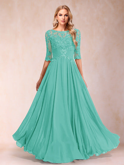 Robe de Mère de la Mariée Coupe A-Line/Princess Longueur Au Sol Manches Mi-Longues Décolleté Plongeant