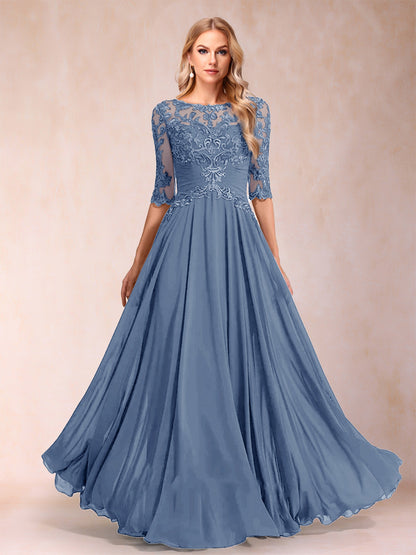 Robe de Mère de la Mariée Coupe A-Line/Princess Longueur Au Sol Manches Mi-Longues Décolleté Plongeant