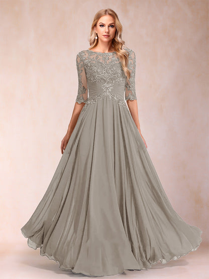 Robe de Mère de la Mariée Coupe A-Line/Princess Longueur Au Sol Manches Mi-Longues Décolleté Plongeant