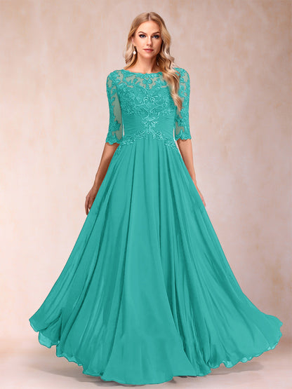 Robe de Mère de la Mariée Coupe A-Line/Princess Longueur Au Sol Manches Mi-Longues Décolleté Plongeant