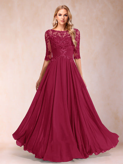 Robe de Mère de la Mariée Coupe A-Line/Princess Longueur Au Sol Manches Mi-Longues Décolleté Plongeant