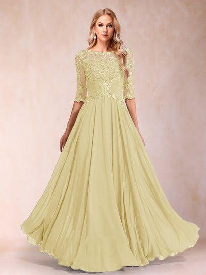 Robe de Mère de la Mariée Coupe A-Line/Princess Longueur Au Sol Manches Mi-Longues Décolleté Plongeant