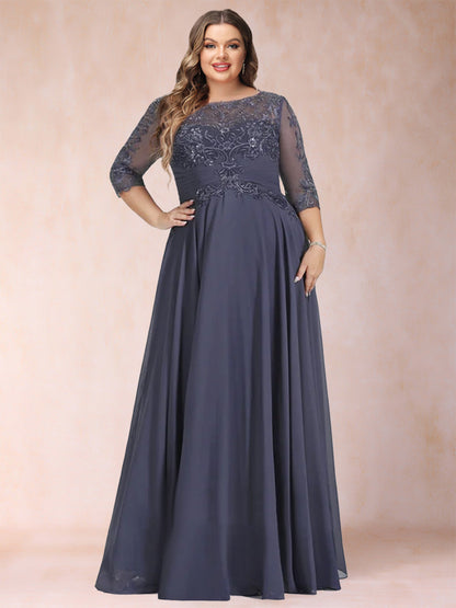 Robe de Mère de la Mariée Grande Taille, Coupe Trapèze/Princesse, Longueur au Sol, Manches Mi-Longues, Décolleté Plongeant