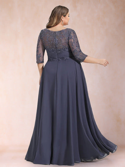 Robe de Mère de la Mariée Grande Taille, Coupe Trapèze/Princesse, Longueur au Sol, Manches Mi-Longues, Décolleté Plongeant