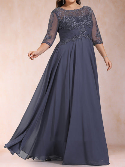 Robe de Mère de la Mariée Grande Taille, Coupe Trapèze/Princesse, Longueur au Sol, Manches Mi-Longues, Décolleté Plongeant