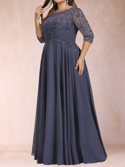 Robe de Mère de la Mariée Grande Taille, Coupe Trapèze/Princesse, Longueur au Sol, Manches Mi-Longues, Décolleté Plongeant
