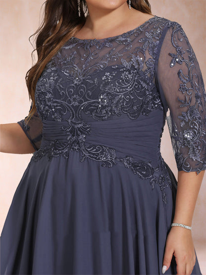 Robe de Mère de la Mariée Grande Taille, Coupe Trapèze/Princesse, Longueur au Sol, Manches Mi-Longues, Décolleté Plongeant