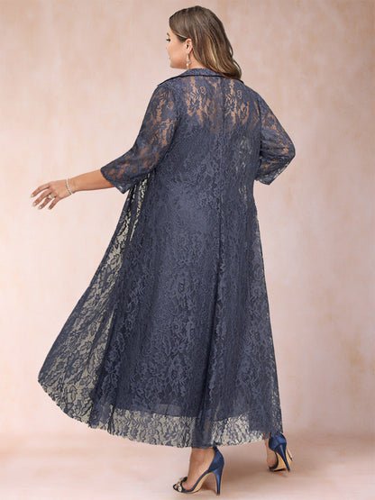 Robe de Mère de la Mariée Grande Taille, Coupe Trapèze/Princesse, Longueur Thé, Manches 3/4, Col en V