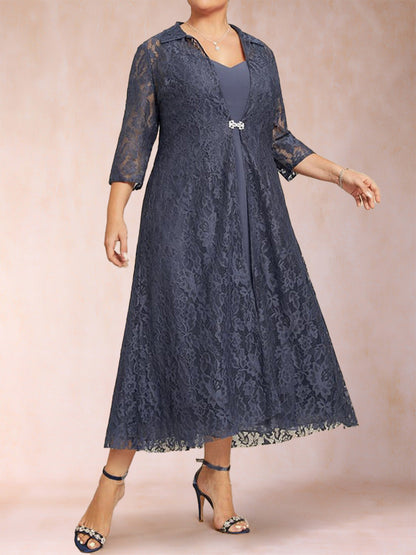 Robe de Mère de la Mariée Grande Taille, Coupe Trapèze/Princesse, Longueur Thé, Manches 3/4, Col en V