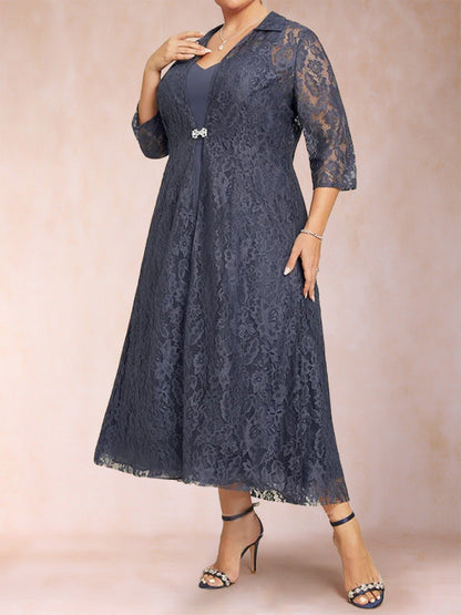 Robe de Mère de la Mariée Grande Taille, Coupe Trapèze/Princesse, Longueur Thé, Manches 3/4, Col en V