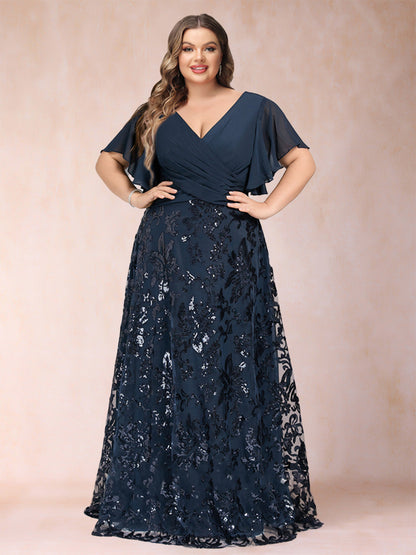Robe de Mère de la Mariée Grande Taille, Coupe Trapèze/Princesse, Longueur au Sol, Manches Courtes, Col en V
