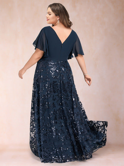 Robe de Mère de la Mariée Grande Taille, Coupe Trapèze/Princesse, Longueur au Sol, Manches Courtes, Col en V