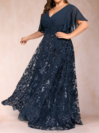 Robe de Mère de la Mariée Grande Taille, Coupe Trapèze/Princesse, Longueur au Sol, Manches Courtes, Col en V