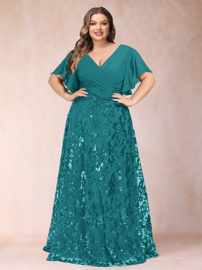 Robe de Mère de la Mariée Grande Taille, Coupe Trapèze/Princesse, Longueur au Sol, Manches Courtes, Col en V