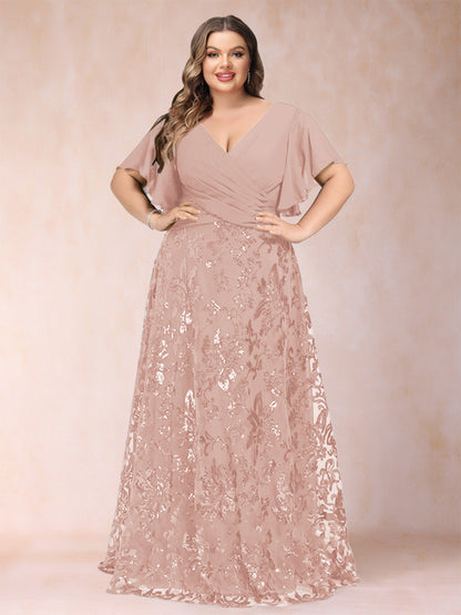Robe de Mère de la Mariée Grande Taille, Coupe Trapèze/Princesse, Longueur au Sol, Manches Courtes, Col en V