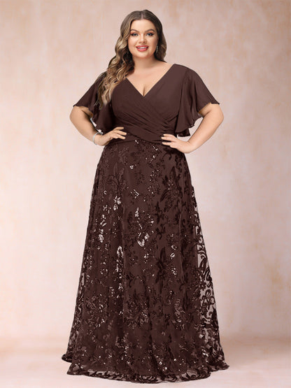 Robe de Mère de la Mariée Grande Taille, Coupe Trapèze/Princesse, Longueur au Sol, Manches Courtes, Col en V