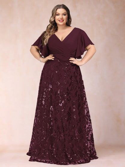 Robe de Mère de la Mariée Grande Taille, Coupe Trapèze/Princesse, Longueur au Sol, Manches Courtes, Col en V