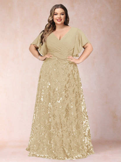 Robe de Mère de la Mariée Grande Taille, Coupe Trapèze/Princesse, Longueur au Sol, Manches Courtes, Col en V