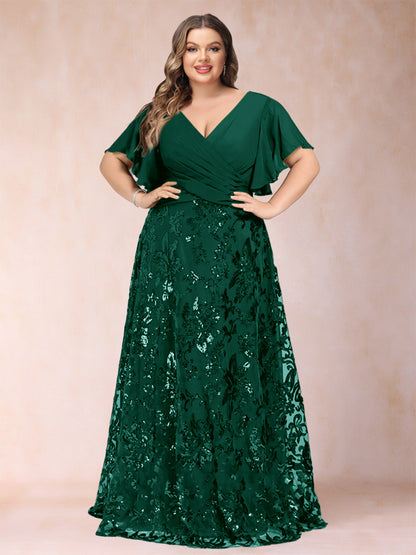Robe de Mère de la Mariée Grande Taille, Coupe Trapèze/Princesse, Longueur au Sol, Manches Courtes, Col en V