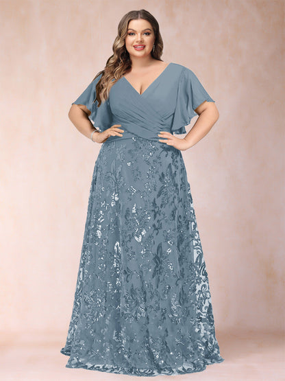 Robe de Mère de la Mariée Grande Taille, Coupe Trapèze/Princesse, Longueur au Sol, Manches Courtes, Col en V
