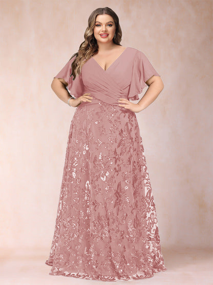 Robe de Mère de la Mariée Grande Taille, Coupe Trapèze/Princesse, Longueur au Sol, Manches Courtes, Col en V