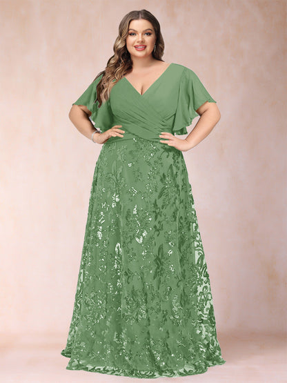 Robe de Mère de la Mariée Grande Taille, Coupe Trapèze/Princesse, Longueur au Sol, Manches Courtes, Col en V
