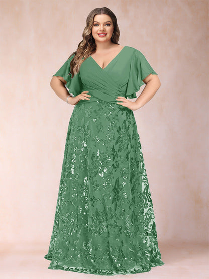 Robe de Mère de la Mariée Grande Taille, Coupe Trapèze/Princesse, Longueur au Sol, Manches Courtes, Col en V
