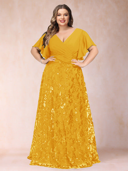 Robe de Mère de la Mariée Grande Taille, Coupe Trapèze/Princesse, Longueur au Sol, Manches Courtes, Col en V