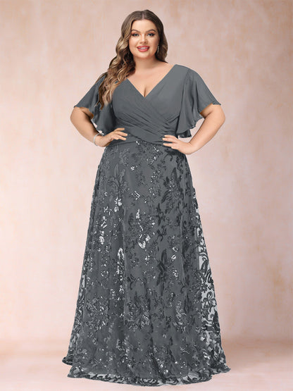 Robe de Mère de la Mariée Grande Taille, Coupe Trapèze/Princesse, Longueur au Sol, Manches Courtes, Col en V