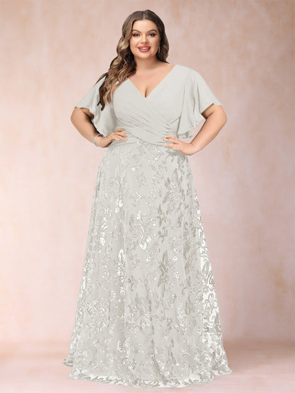 Robe de Mère de la Mariée Grande Taille, Coupe Trapèze/Princesse, Longueur au Sol, Manches Courtes, Col en V