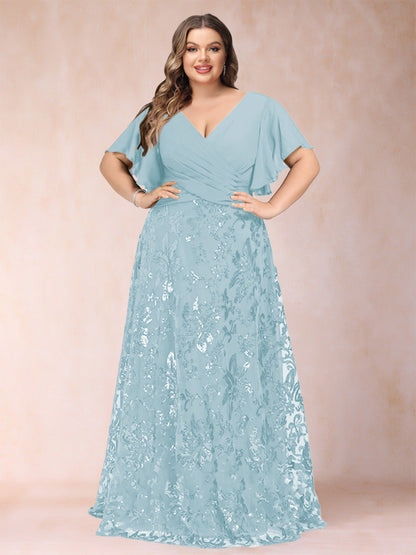 Robe de Mère de la Mariée Grande Taille, Coupe Trapèze/Princesse, Longueur au Sol, Manches Courtes, Col en V